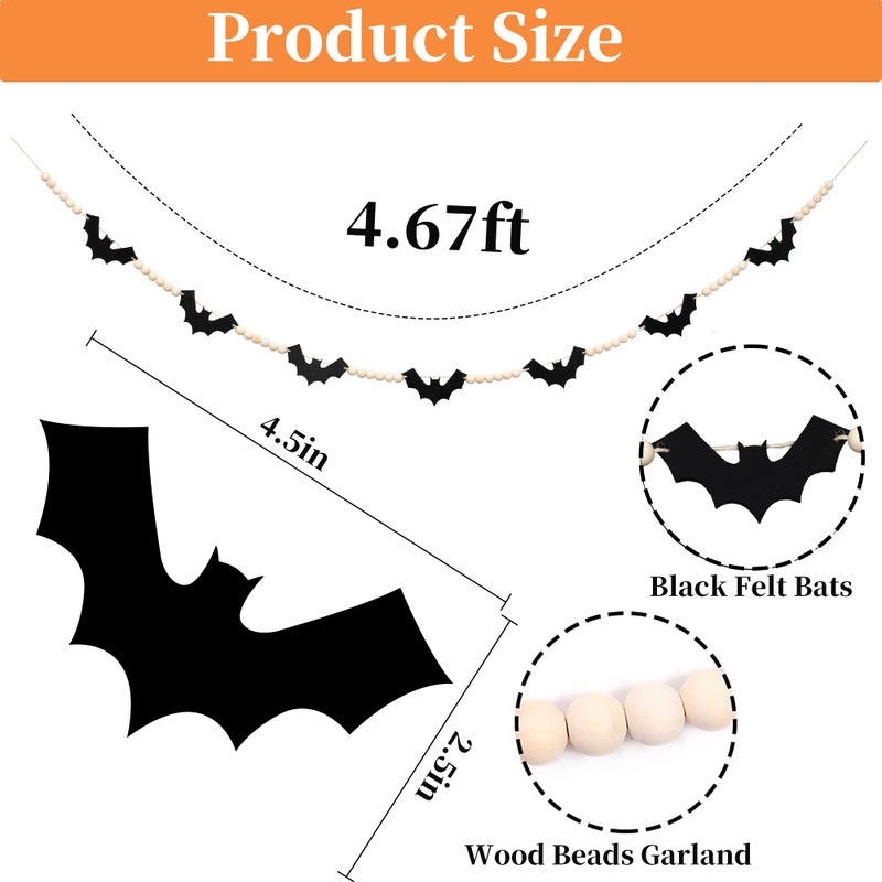 DAZONGE Halloween Decorations Indoor/Outdoor  Wood Felt Bats Bead Garland Banner for Halloween Decor  Farmhouse Bats Garland Decorations for Fireplace Mantle Walls - Image 3